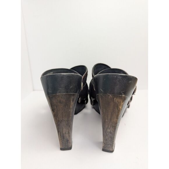 Vintage Y2K Bridget Shuster Brown calf Hair Leather Wood Platform Heel Womens 6 - Picture 8 of 9